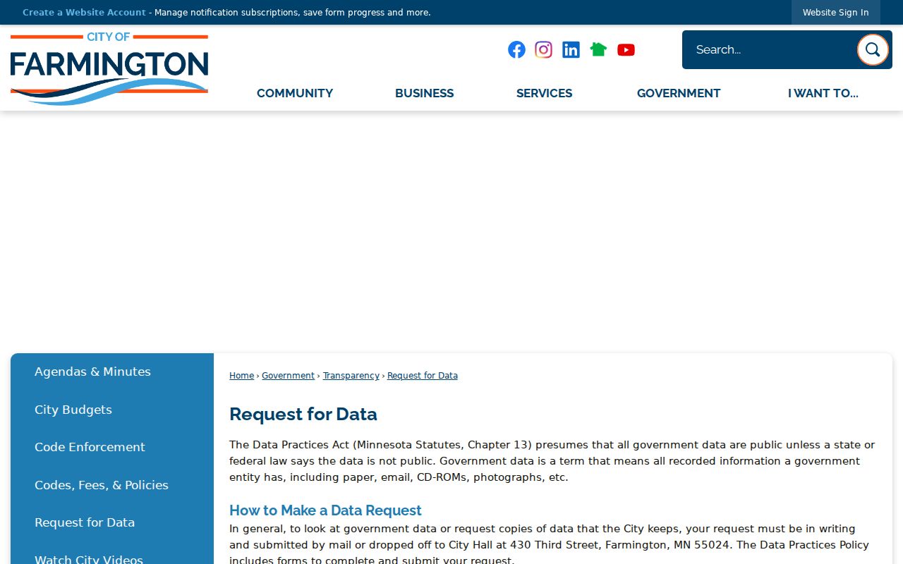 Farmington residents directory city public data request instructions