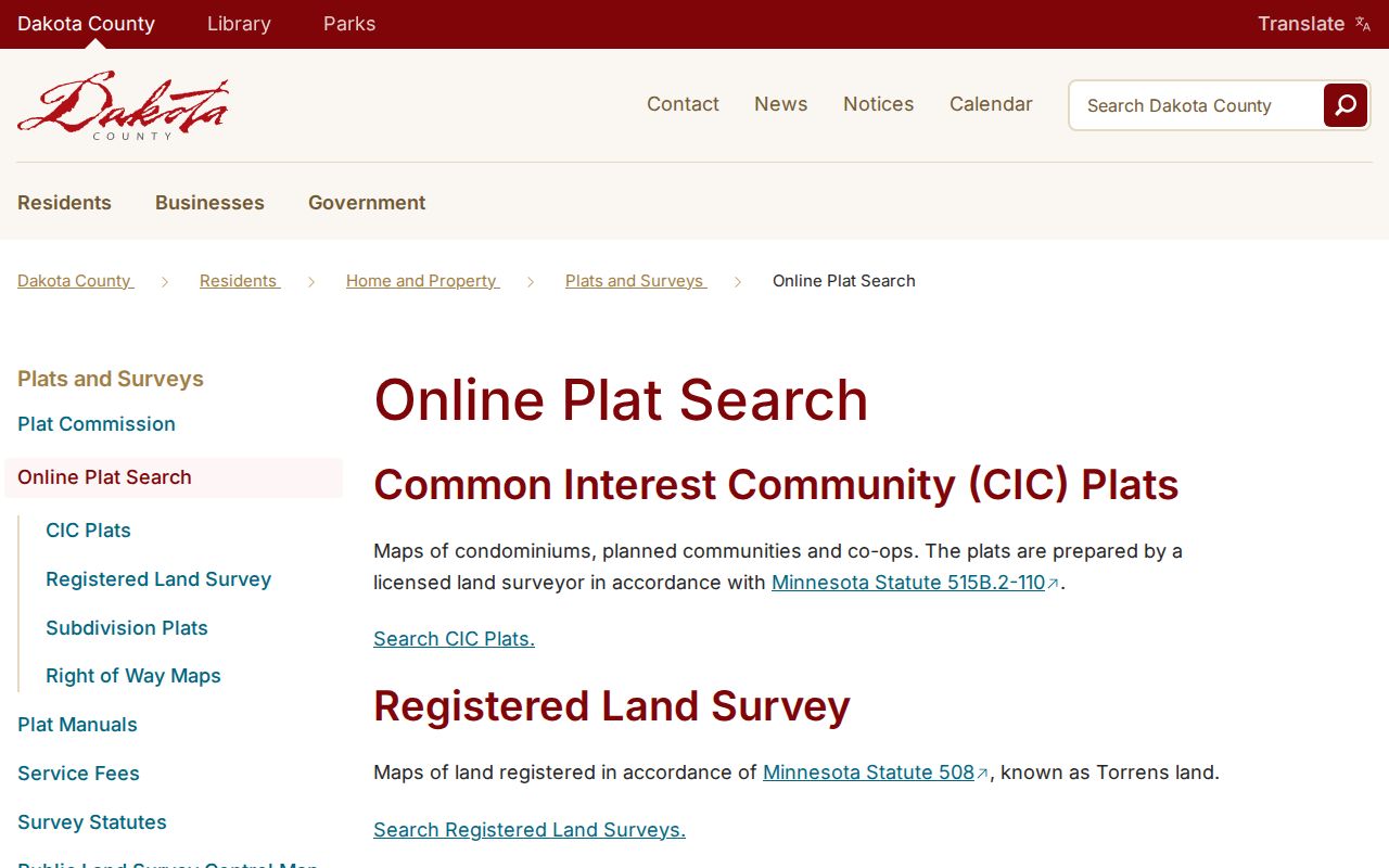 Farmington street directory Dakota County plat and survey search page